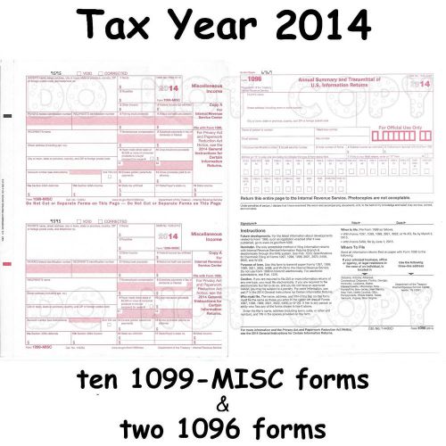 Ten 1099-MISC Miscellaneous Income 2014 IRS Tax Forms &amp; 2 1096 Transmittal Forms