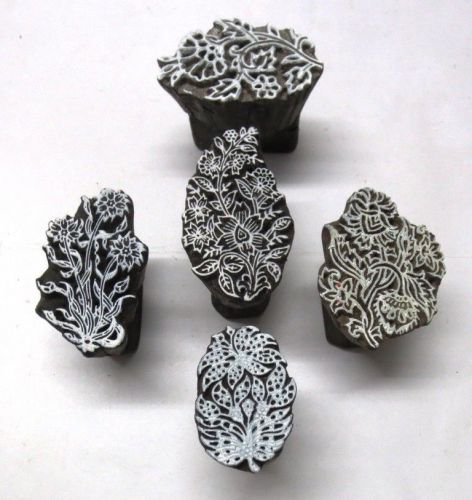 LOT OF 5 WOODEN HAND CARVED TEXTILE PRINTER FABRIC BLOCK STAMP FINE FLORAL PRINT