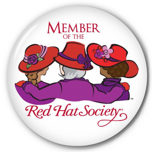 S9 (100) RED HAT SOCIETY 3&#034; CELLULOID PIN BACK BUTTON OFFICIAL LICENSED PRODUCT