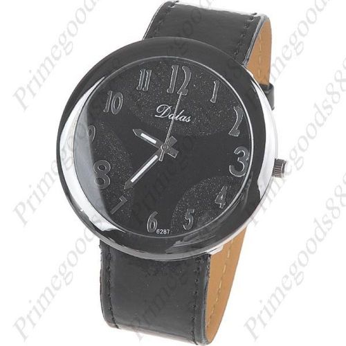 Wide Big Faux Leather Wide Silver Case Lady Ladies Wristwatch Women&#039;s Black