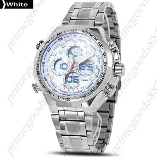 Stainless Steel Analog Digital Date LED White Face Wrist Wristwatch Men&#039;s Silver