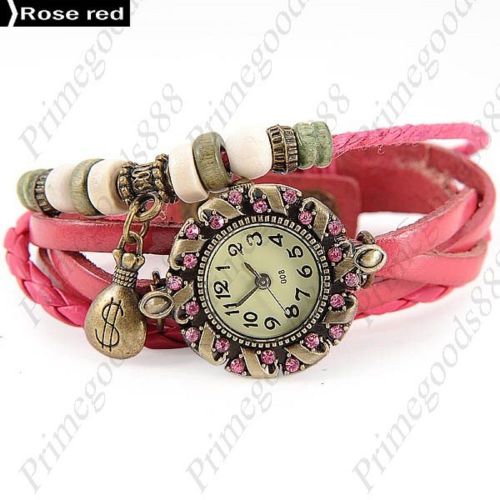 Crook Beads Purse Rhinestone PU Leather Lady Ladies Wristwatch Women&#039;s Rose Red