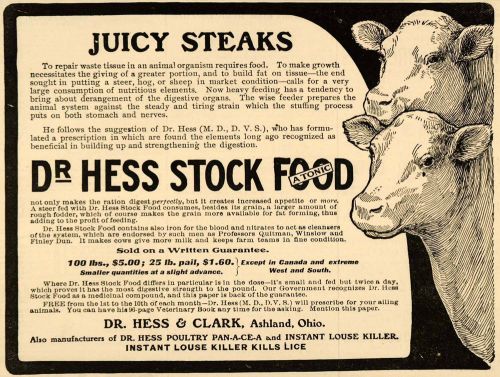 1907 ad dr. hess stock feed aids digestion agricultural - original cg1 for sale