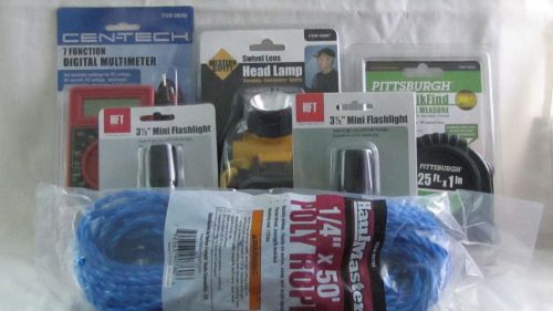 Assorted tools, Lot of 6, New in package, rope, tape, light, meter