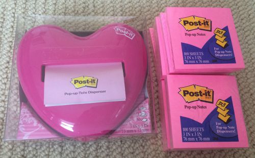 NEW Post-it Pop-up Notes Dispenser 3 x 3&#034; Notes Pink Heart &amp; 9 Pads Lot