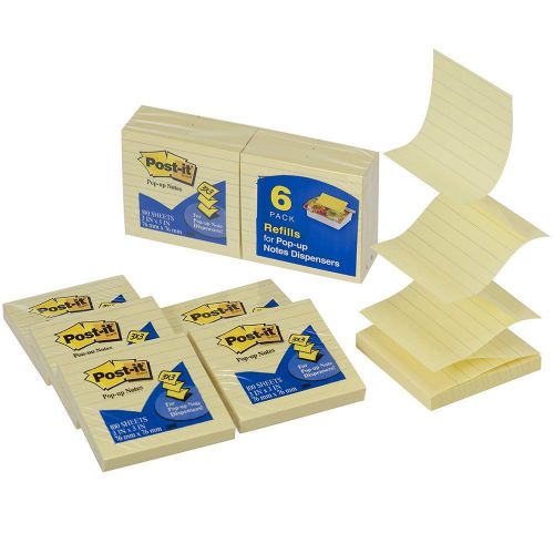 Post-it Pop-up Notes, 3 x 3-Inches, Canary Yellow, Lined, 6-Pads/Pack, New