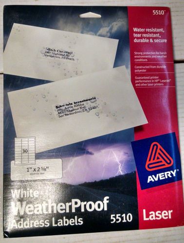 Avery 5510 White WeatherProof Laser Labels - 1&#034; x 2 5/8&#034; - 30/sheet, 25 sheets .