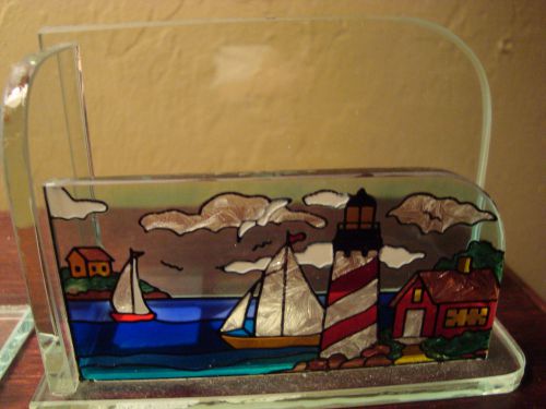 Seaside Lighthouse Nautical Hand Painted Glass Business Card Holder (G918c)