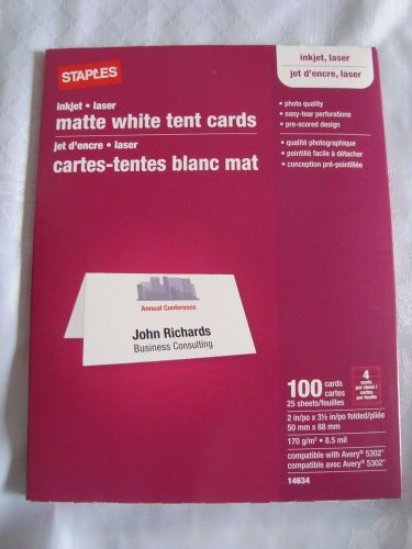 New STAPLES INKJET LASER MATTE WHITE TENT CARDS,100,25 Sheets,2&#034; x 3.5&#034;,# 14634