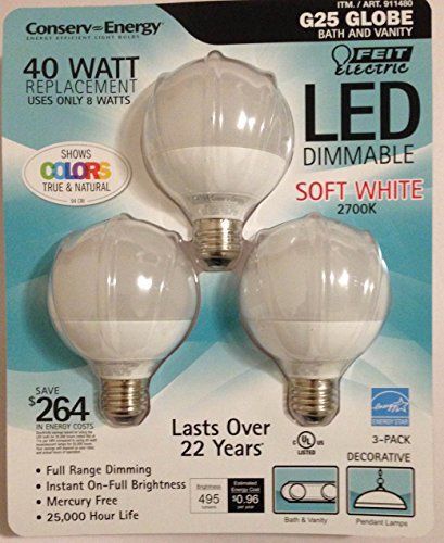 Feit 8 Watt LED G25 Light Bulbs 3-Pack Equiv to 40 watts 2700K Color 94 CRI