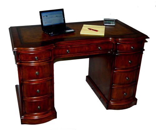 Small cherry kneehole desk with file storage, leather top and keyboard drawer for sale