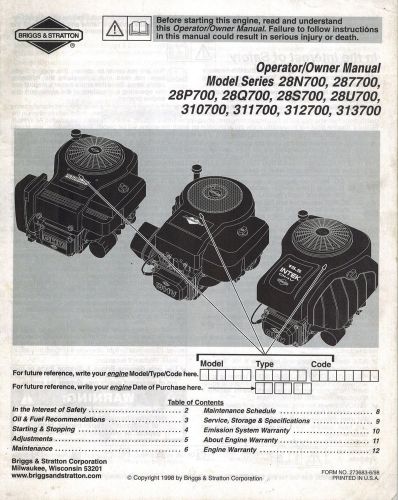BRIGGS &amp; STRATTON VARIOUS MODELS   ENGINE OPERATOR&#039;S MAINTENANCE MANUAL