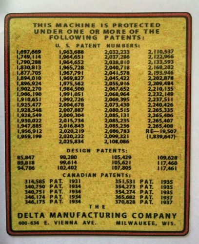 DELTA PATENT DECAL  -  for vintage Delta machinery - badge, nameplate, or tag