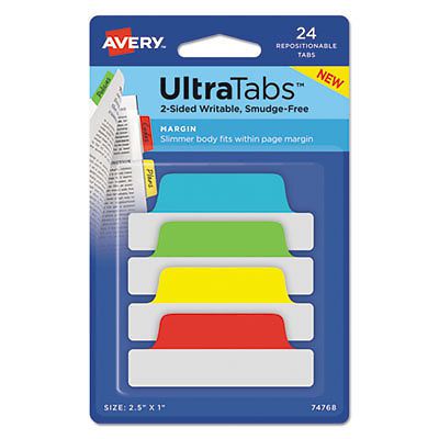 Ultra Tabs Repositionable Tabs, 2.5 x 1, Primary:Green, Red, Yellow, Blue, 24/Pk