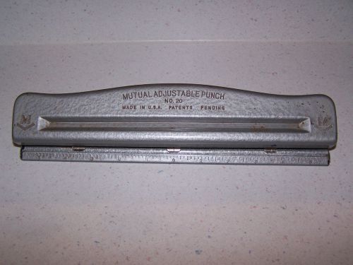 VINTAGE MUTUAL 3 HOLE ADJUSTABLE PAPER PUNCH NO. 20 - ALL METAL MADE IN U.S.A.