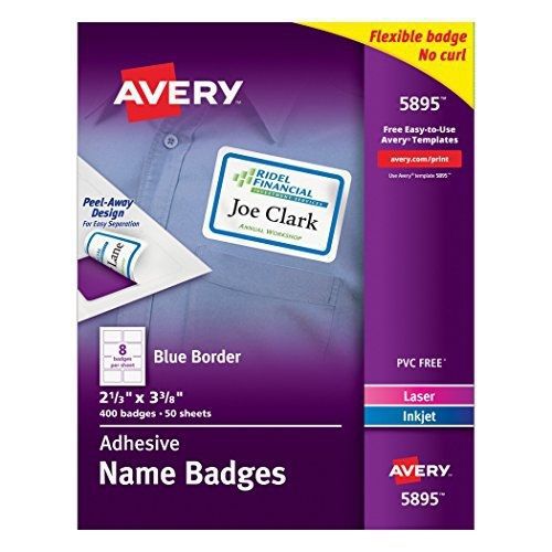 Avery Adhesive Name Badges, 2.33 x 3.38 Inches, White with Blue Border, Box of