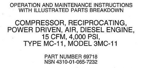 Davey diesel 3mc11 compressor technical manual parts breakdown for sale