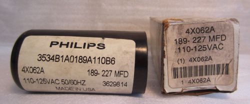 Philips Capacitor  110-125VAC 50/60HZ 189-227 MFD Model 4X062A In Box