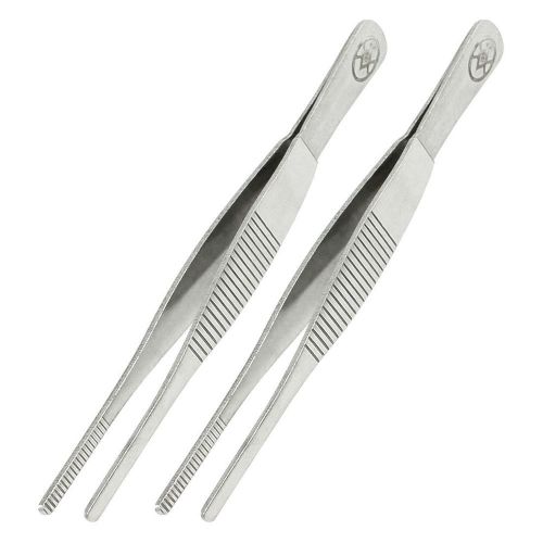 5&#034; Length Silver Tone Forceps Straight Tweezers Handy Tool 2 Pcs