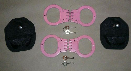 (2 SETS OF) PINK HINGED DOUBLE LOCK POLICE HANDCUFFS W/ KEYS AND CASE