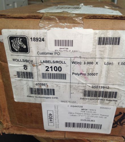 Zebra Polypro Direct 3000T Thermal Labels 3&#034;x1&#034; 2100 per roll 8 rolls 18924 NEW!