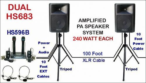 Hisonic dual 240 watt pa public address system + stands + wireless microphones for sale