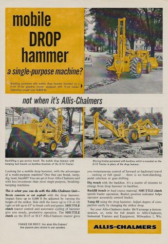 1962 Allis-Chalmers Model D-15 tractor ad, w/drop hammer,loader-backhoe,3 photos