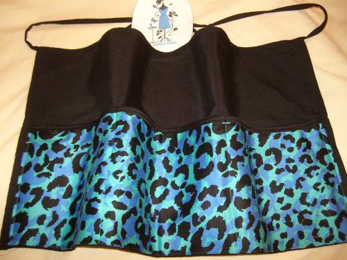 Black &amp; 2 tone blue leopard print server waitress  half waist apron personalized for sale