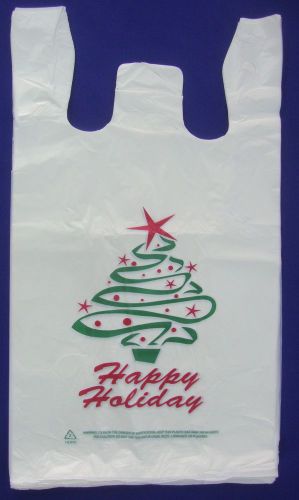 100 Qty.Christmas Happy Holiday Plastic T-Shirt Shopping Bags Handles 11.5x6x21