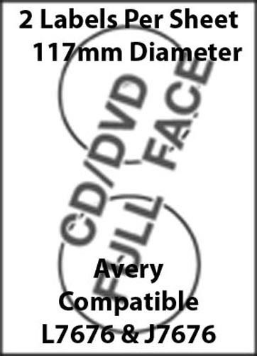 Avery L7676 Compatible 2 CD/DVD Labels 17mm Spindle Hole - 20 Sheets
