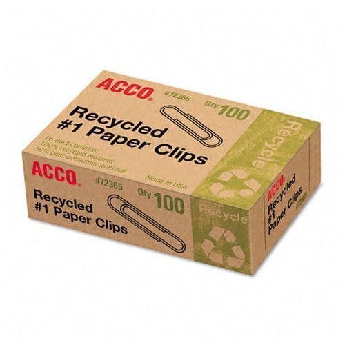 Acco Recycled Paper Clips, #1 Size,Box of 100 (72365)-Made in U.S.A, US Shipper!
