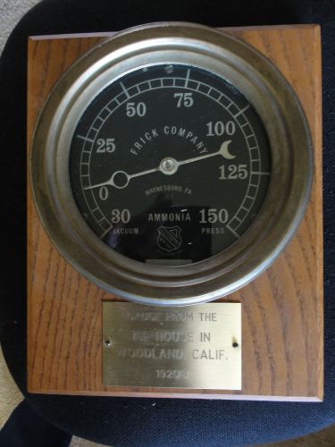 Used industrial frick co ammonia 6&#034; pressure gauge on wood plaque for sale