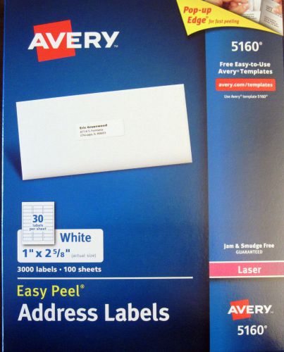 NEW Avery 5160 Address Labels Easy Peel 3000 / Box 100 Sheets Laser 1&#034; x 2 5/8&#034;