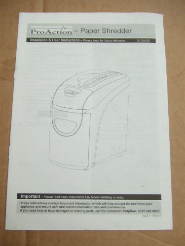 ProAction 8 Sheet 10 Litre Cross Cut Shredder User Manual Booklet Instructions