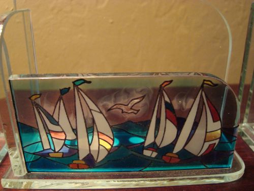 Sailboats Nautical Hand Painted Glass Business Card Holder (G918b)