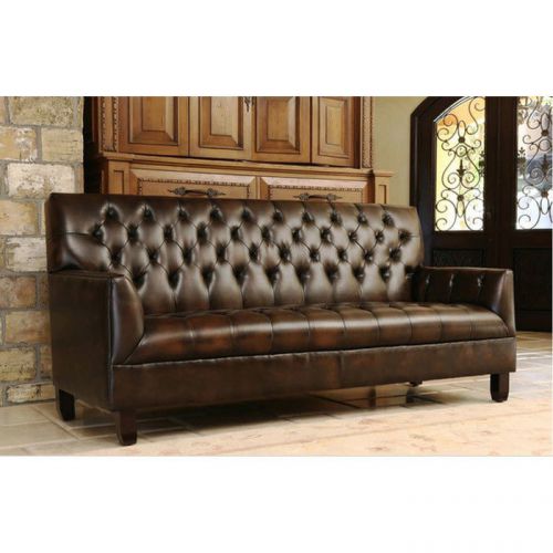 84&#034; Sofa Art Deco Dark Brown Bonded Leather Tufted Chesterfield Art Deco Style.