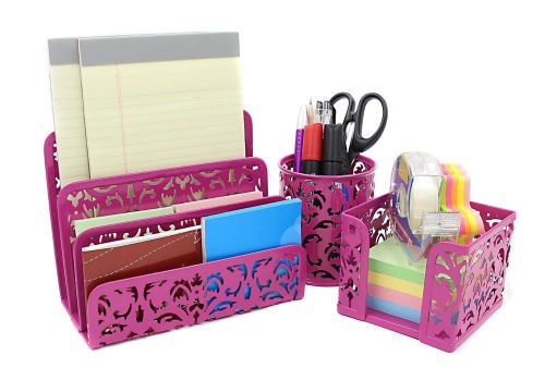 3 Piece Desk Organizer w Letter Holder Pencil Cup Sticky Note Holder Pink Metal