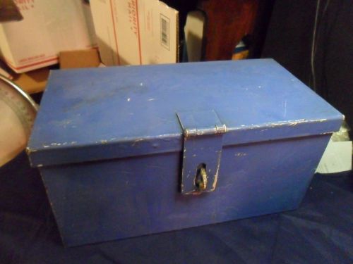 Old vintage unique heavy steel 12x6x6 lock box chest w handles and latch blue for sale