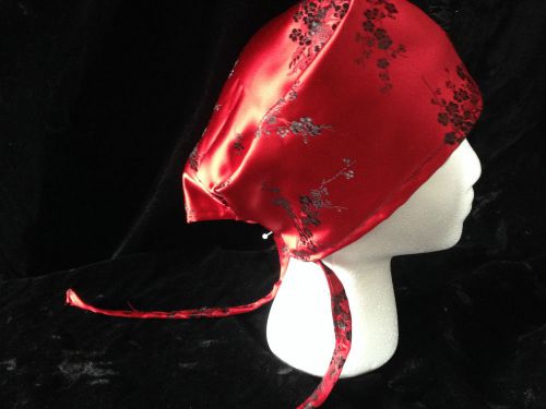 Cooks hat, chef hat, surgical hat red Oriental  print adults ties in back
