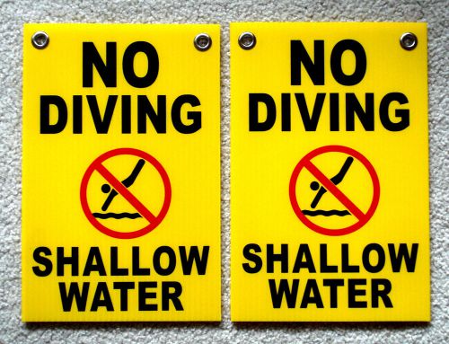 2 NO DIVING SHALLOW WATER    8&#034; x12&#034; Plastic Coroplast Signs w/Grommets yellow