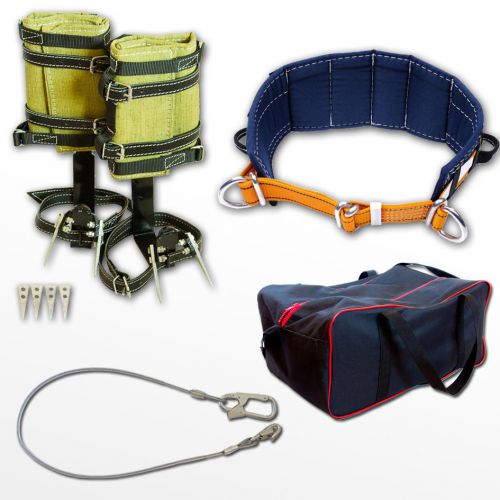 Tree climbing spikes spurs gaffs, safety belt, steel cable lanyard &amp; gear bag for sale