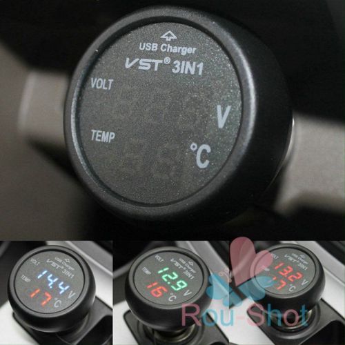 New usb car charger car digital led voltmeter 3in1 thermometer battery monitor for sale