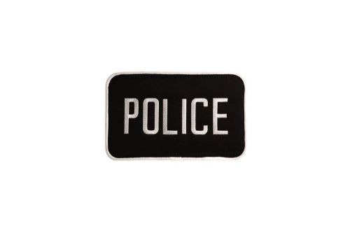2 SMALL POLICE PATCHES/ BADGE EMBLEM  4 1/4 inches x 2 inches WHITE / BLACK