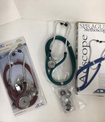 2 ADC Adscope Sprague Stethoscopes - 1 Burgundy 641BDQ,  1 Teal 641TL
