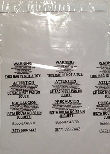 100 Bubblefast Brand 8&#034; x 18&#034; 1.5 mil Self-Seal Suffocation Warning Bags. Made