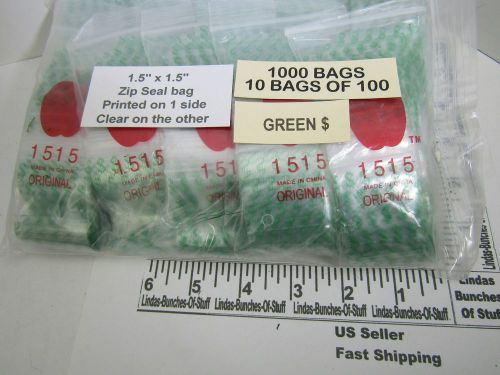 1000 GREEN $ ON CLEAR BAGS 1 1/2&#034; X 1 1/2&#034; 2 MILL PLASTIC ZIP SEAL BAGS NEW!