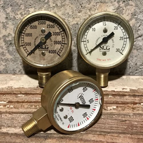 Three 1940s vintage all brass pressure gauge lot, thick beveled glass steampunk for sale