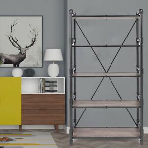Industrial 5 Shelf Bookcase Metal and Wooden Bookshelves - Rustic Oak &amp; Black