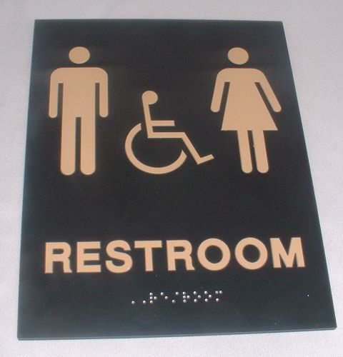 Black &amp; Beige Acrylic Universal &#034;RESTROOM&#034; Sign Including Braille 7&#034; x 9&#034;