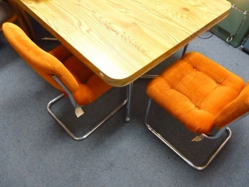 Laminated Wood Table and 6 Corduroy Orange Chairs with Chrome Frame (C130)